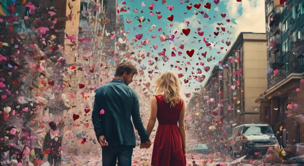 a couple walking hand in hand in a chaotic scene of artsy graffiti