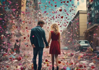 a couple walking hand in hand in a chaotic scene of artsy graffiti