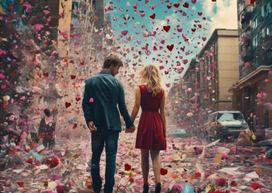 a couple walking hand in hand in a chaotic scene of artsy graffiti