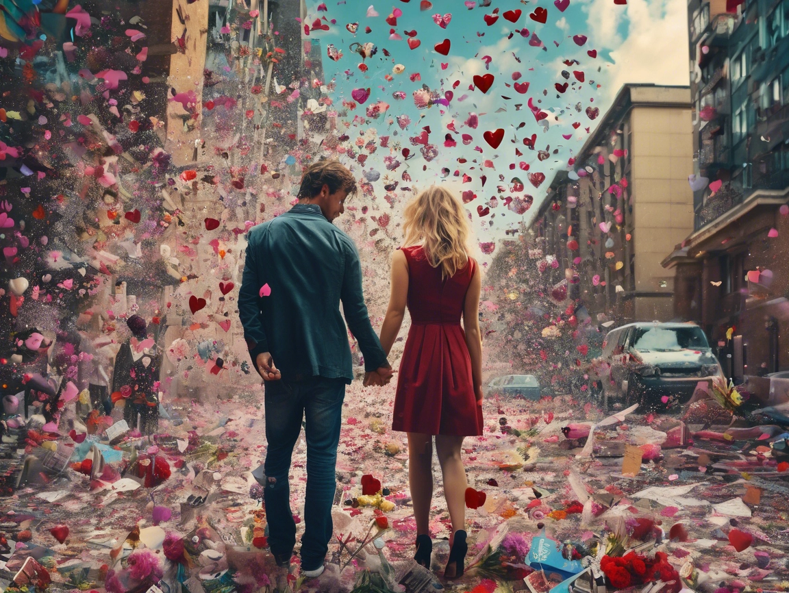 a couple walking hand in hand in a chaotic scene of artsy graffiti